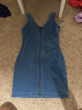 Zip-Front Denim Mini Dress - Blue